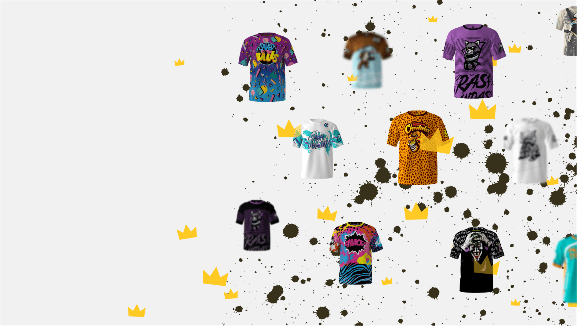 Graphical view of softball jerseys floating with crowns and splatters